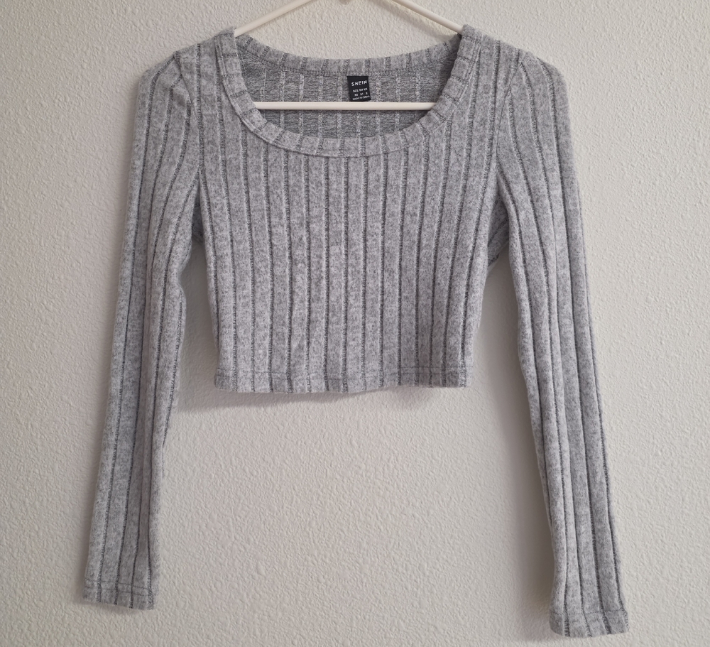 Shein Long Sleeve Gray Soft Ribbed Textured Fabric Shirring Knit